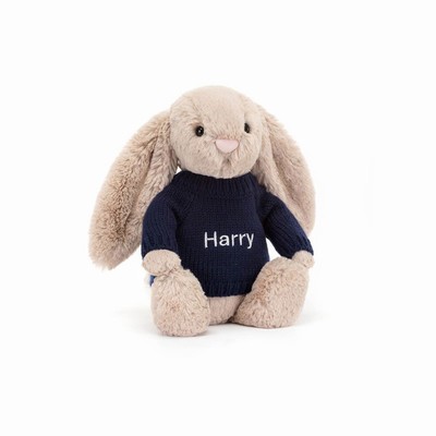 Jellycat Bashful Beige Bunny with Navy Jumper New Zealand | WGQKR5607